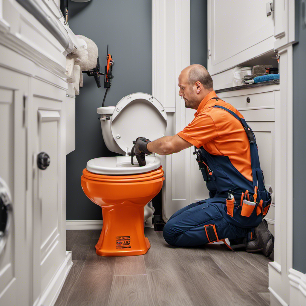 An image showcasing a professional plumber from Home Depot skillfully installing a brand new toilet in a bathroom, with tools neatly arranged nearby and the homeowner observing with a satisfied expression