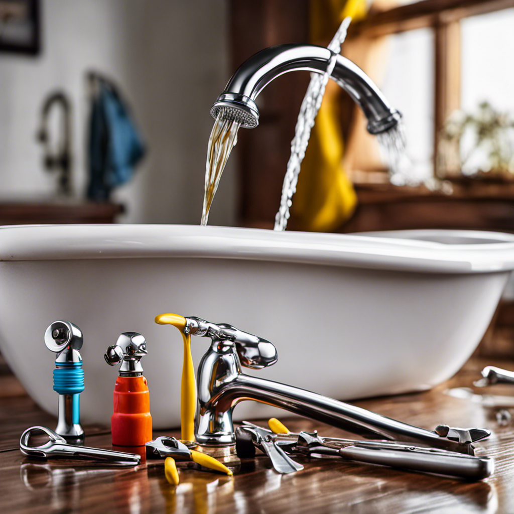 An image showcasing a close-up of a dripping bathtub faucet, surrounded by tools like a wrench, pliers, and a price tag