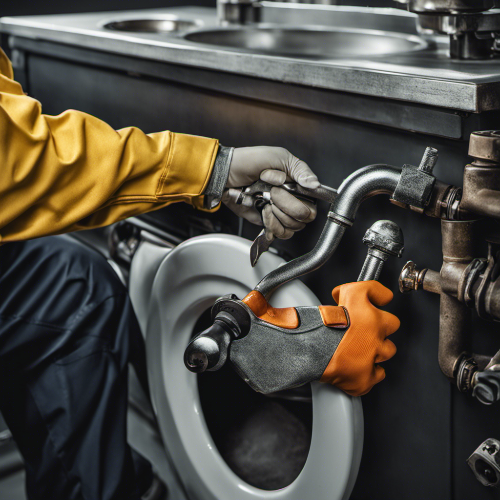 An image showcasing a close-up view of a hand holding a wrench, skillfully dismantling a toilet tank