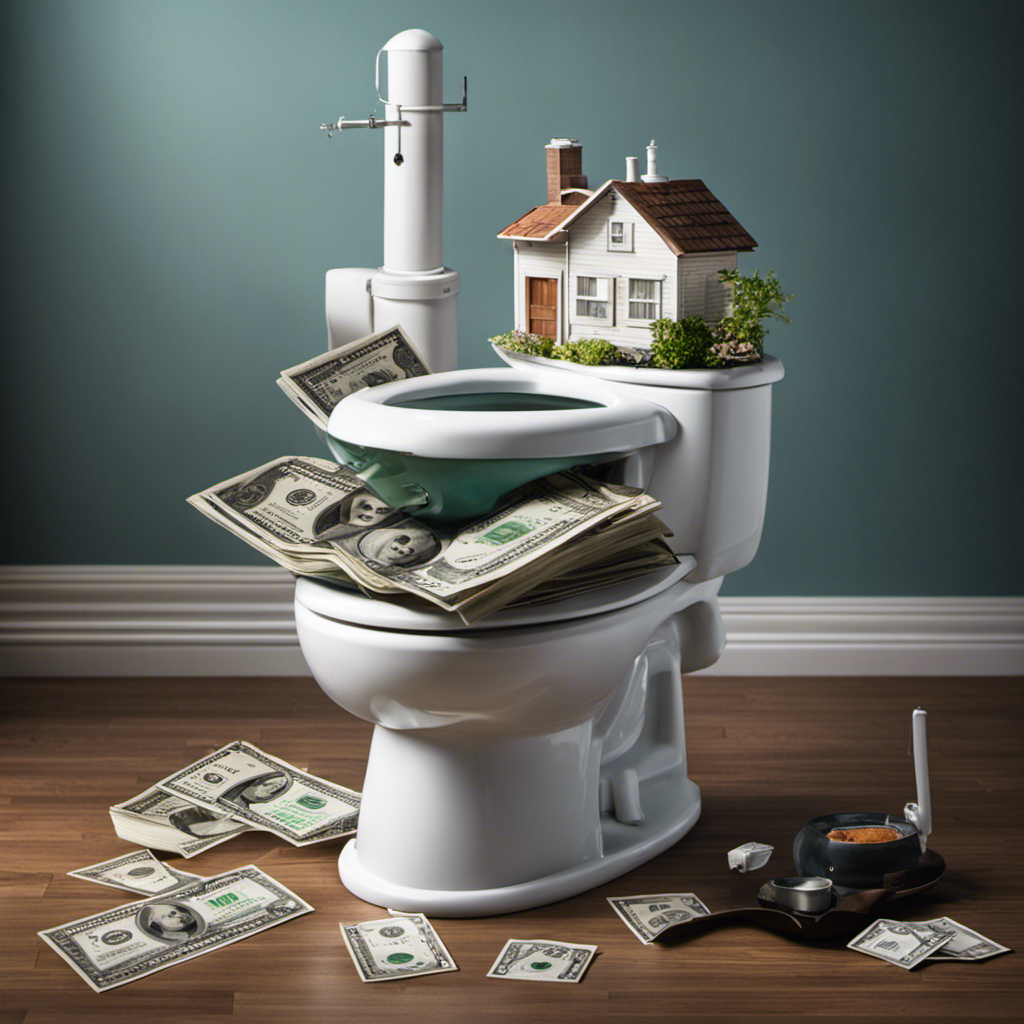 An image showcasing a variety of household items like a water tank, a toilet bowl, and a dollar bill floating inside, emphasizing the concept of reducing toilet flushing expenses