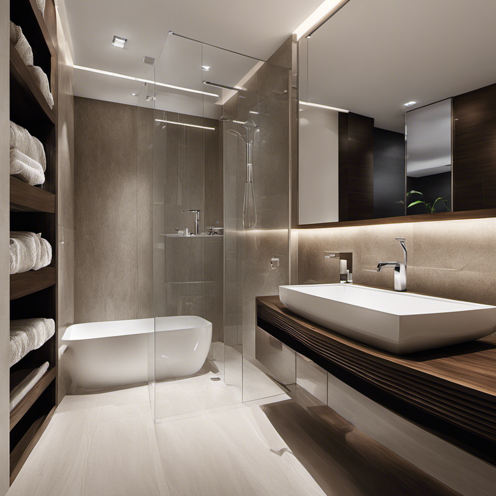 An image showcasing a pristine, modern bathroom with a sleek toilet, polished chrome fixtures, and a crystal-clear water tank