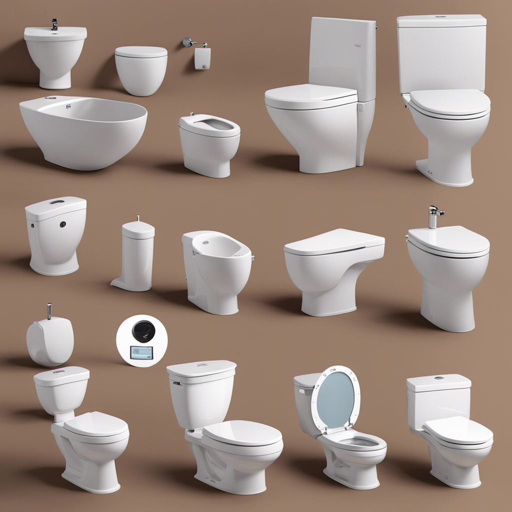 An image depicting a variety of toilets with different flushing mechanisms, highlighting water-saving features, tank sizes, and adjustable flush options to illustrate the diverse factors influencing toilet flushing costs