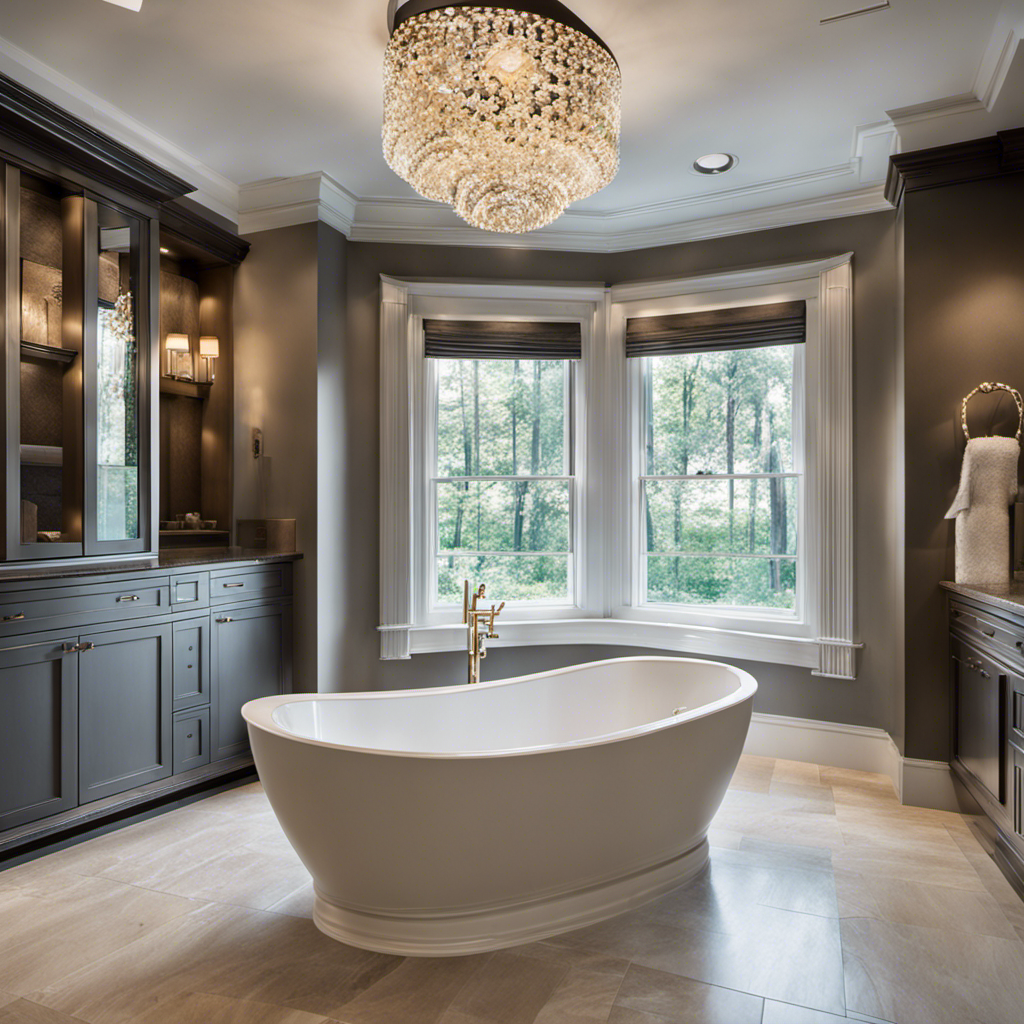 An image showcasing a luxurious bathroom with a brand new bathtub installation, capturing the intricate process and attention to detail