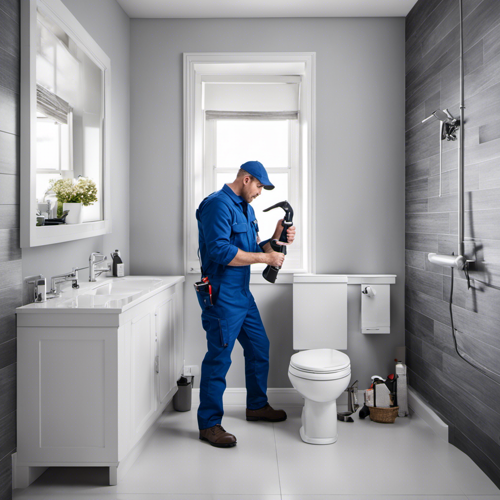 An image showcasing a professional plumber, wearing coveralls and holding various tools, expertly installing a pristine white toilet in a modern bathroom