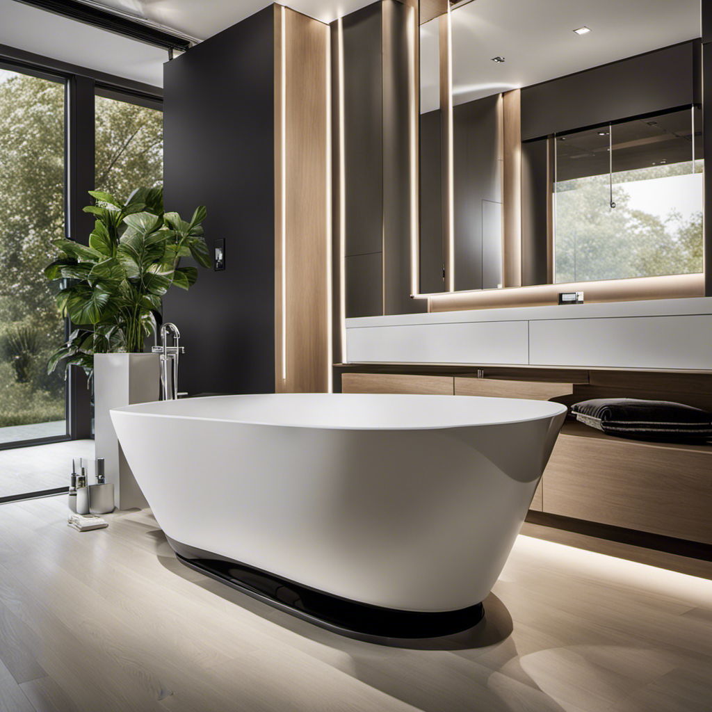 An image showcasing a skilled plumber meticulously installing a pristine, freestanding bathtub in a modern bathroom