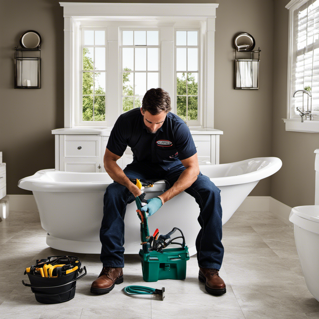 An image featuring a professional plumber in a pristine bathroom, carefully installing a luxurious bathtub