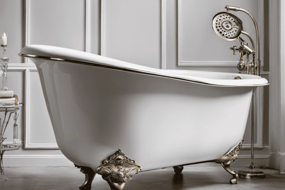 An image showcasing a vintage clawfoot bathtub stripped down to its base, with a professional painter meticulously applying a fresh coat of glossy white paint, capturing the process and skill involved in refinishing a bathtub