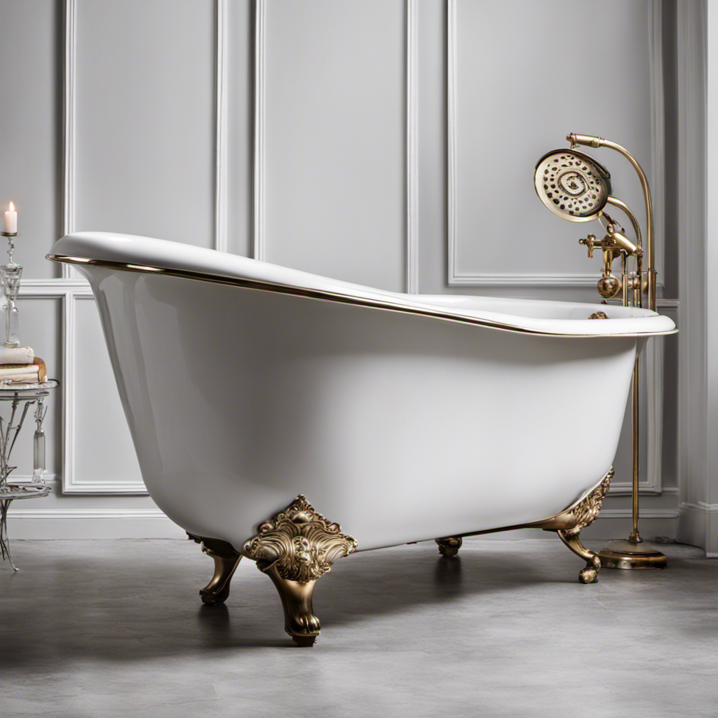 An image showcasing a vintage clawfoot bathtub stripped down to its base, with a professional painter meticulously applying a fresh coat of glossy white paint, capturing the process and skill involved in refinishing a bathtub