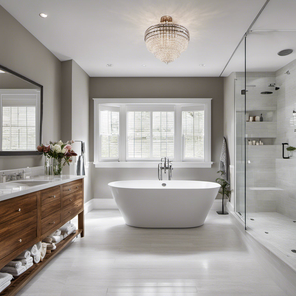 An image showcasing a pristine bathroom renovation, with a spacious alcove housing a luxurious freestanding bathtub
