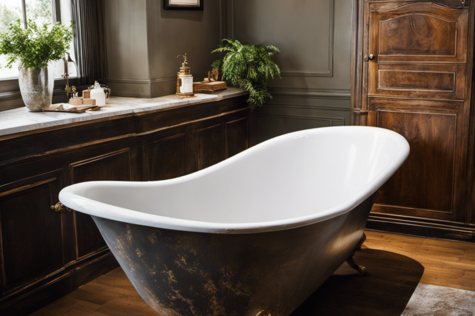 An image showcasing a worn-out bathtub being stripped of its old finish, revealing the raw surface beneath