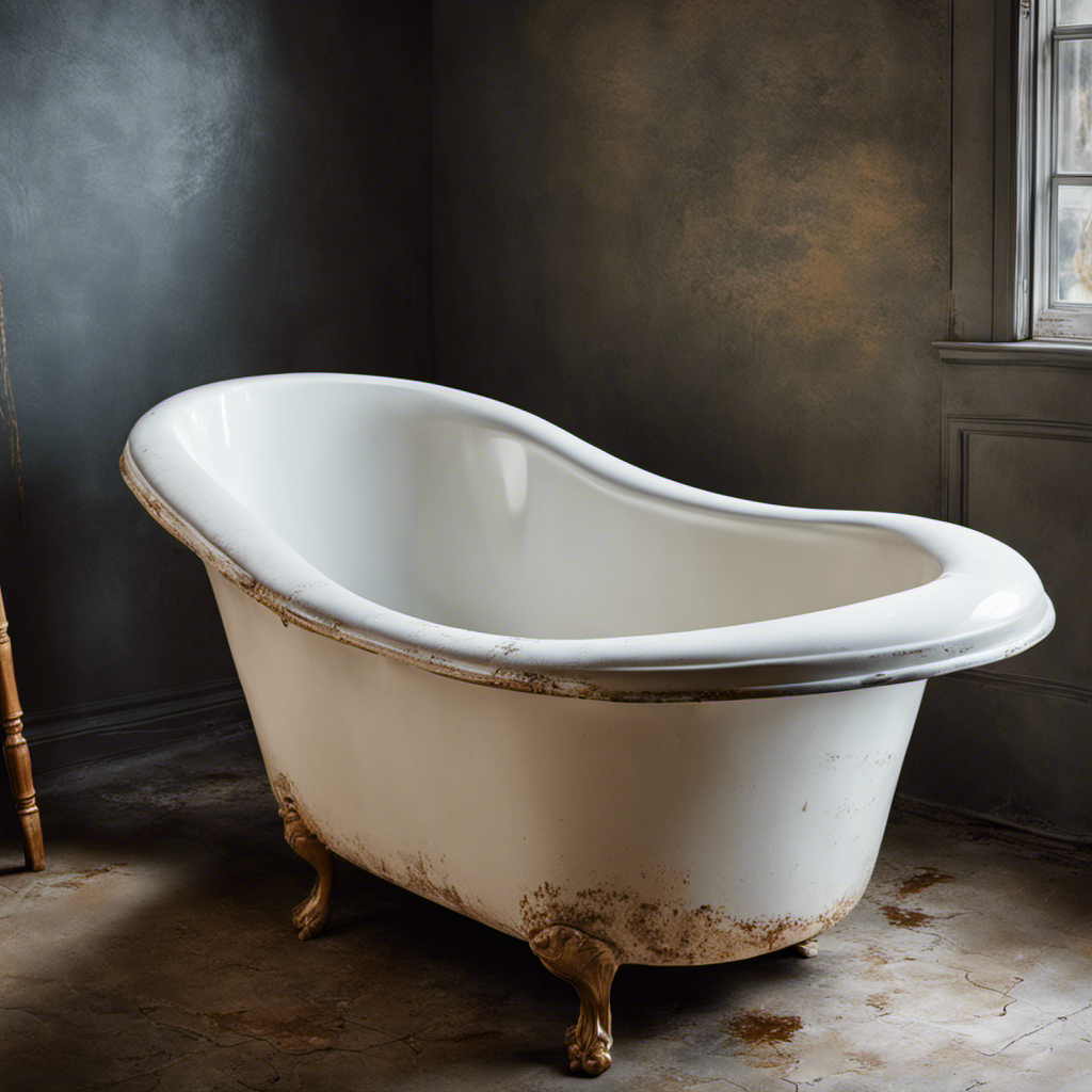 An image showcasing a worn-out fiberglass bathtub in need of refinishing, displaying visible cracks, stains, and a faded color