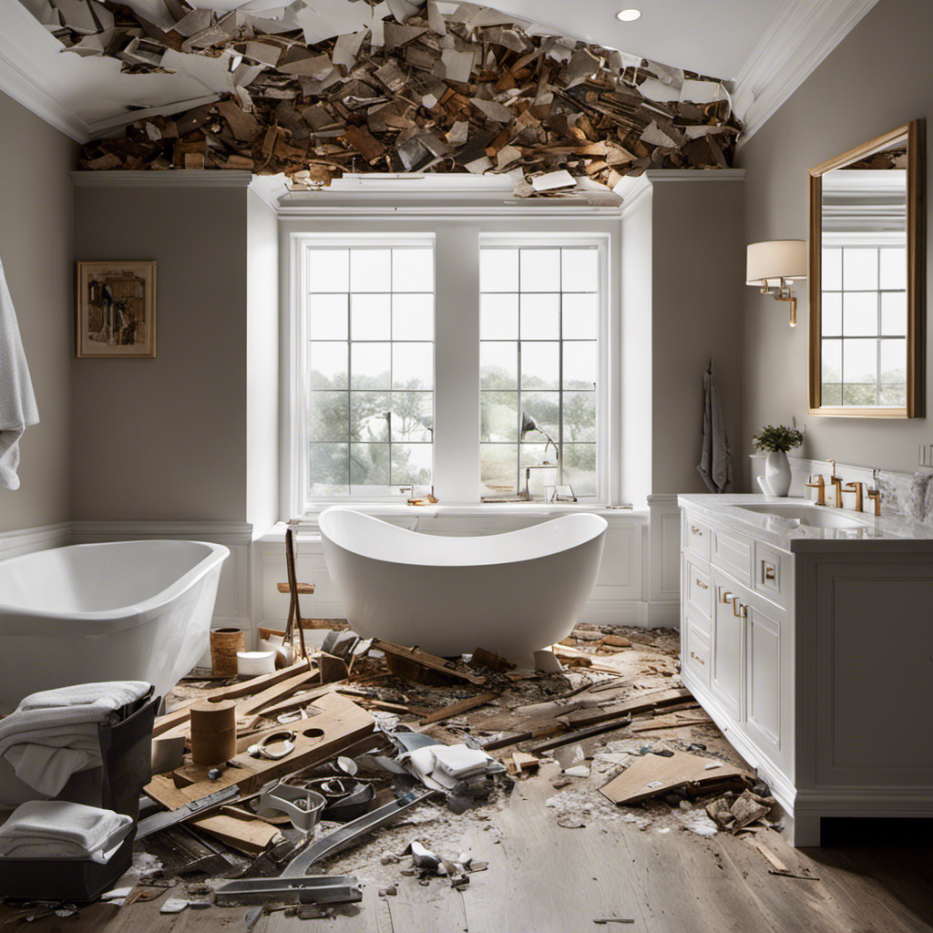 An image showcasing a bathroom with a partially demolished bathtub, surrounded by debris, tools, and a contractor's estimate sheet