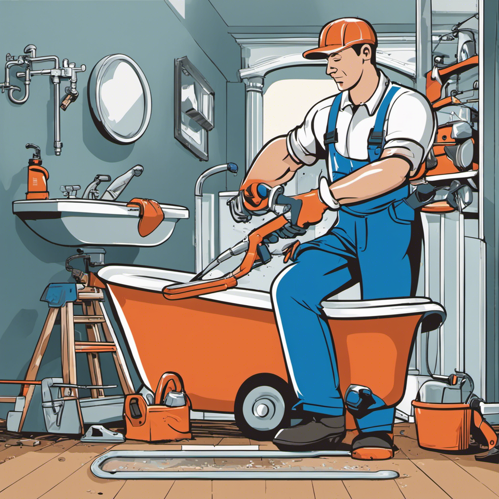 An image that showcases a professional plumber carefully removing a worn-out bathtub, surrounded by tools and equipment, while another expert is seen installing a brand new bathtub with precision and expertise