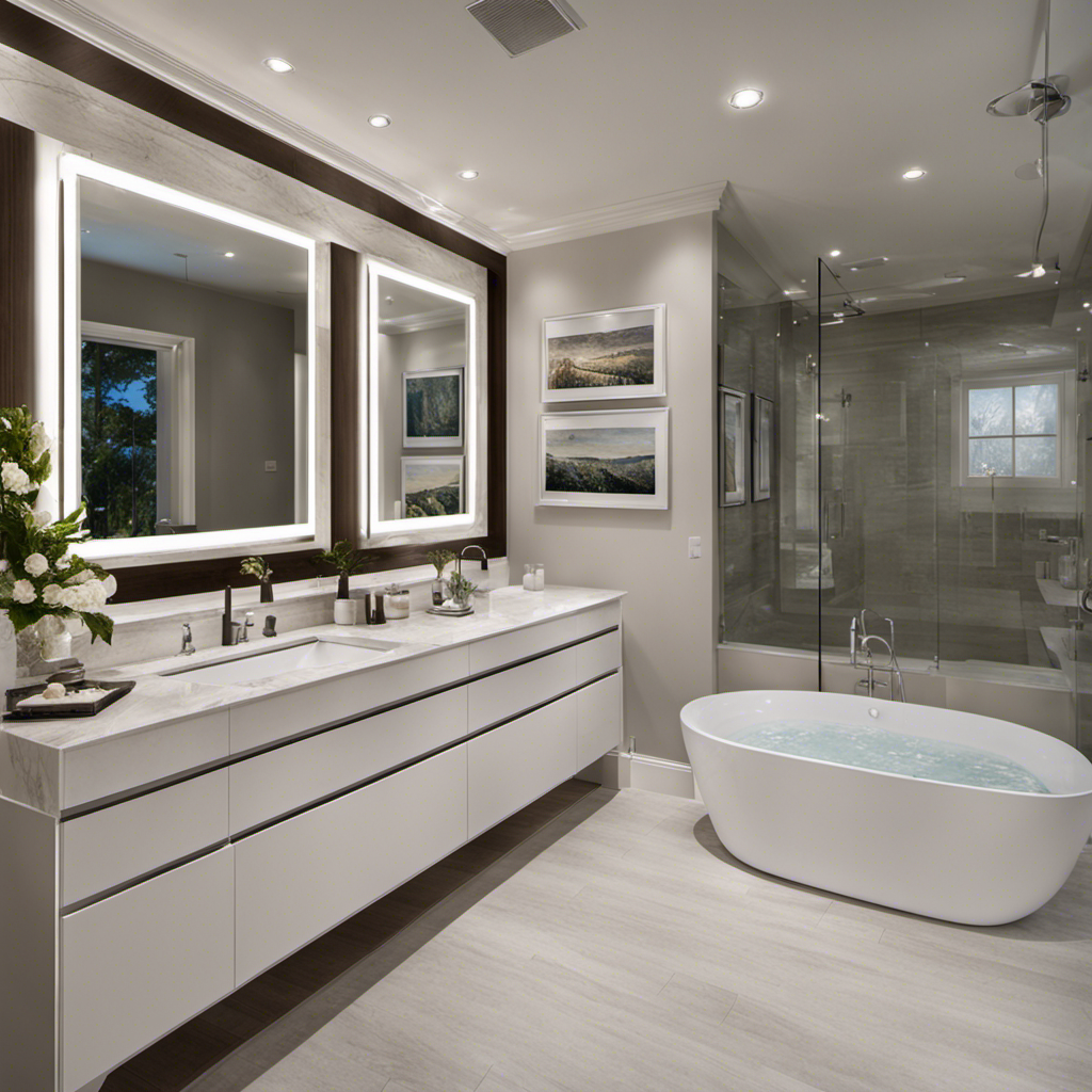 An image showcasing a spacious bathroom with a gleaming, brand-new bathtub and surround