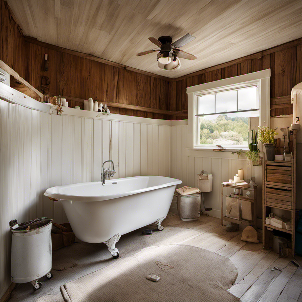 An image showcasing a mobile home bathroom with a worn-out, cracked bathtub
