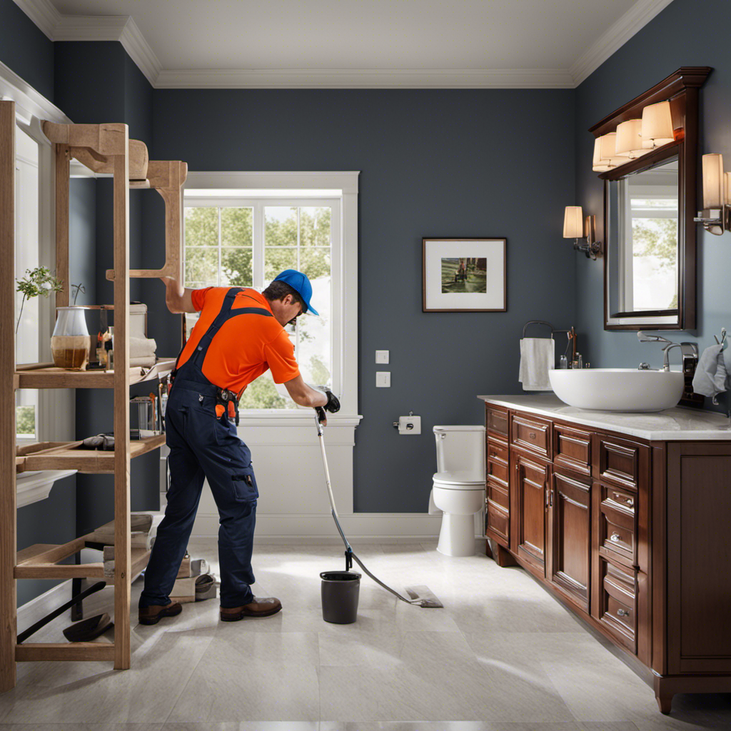 An image showcasing a bathroom with a professional plumber replacing a toilet