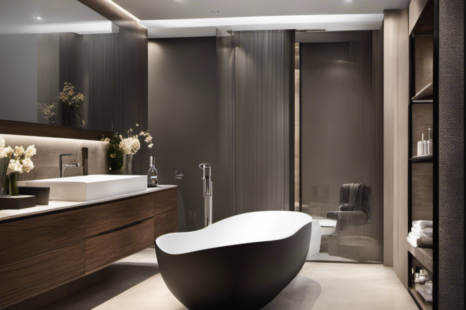 An image showcasing a spacious, modern bathroom with a sleek, freestanding bathtub
