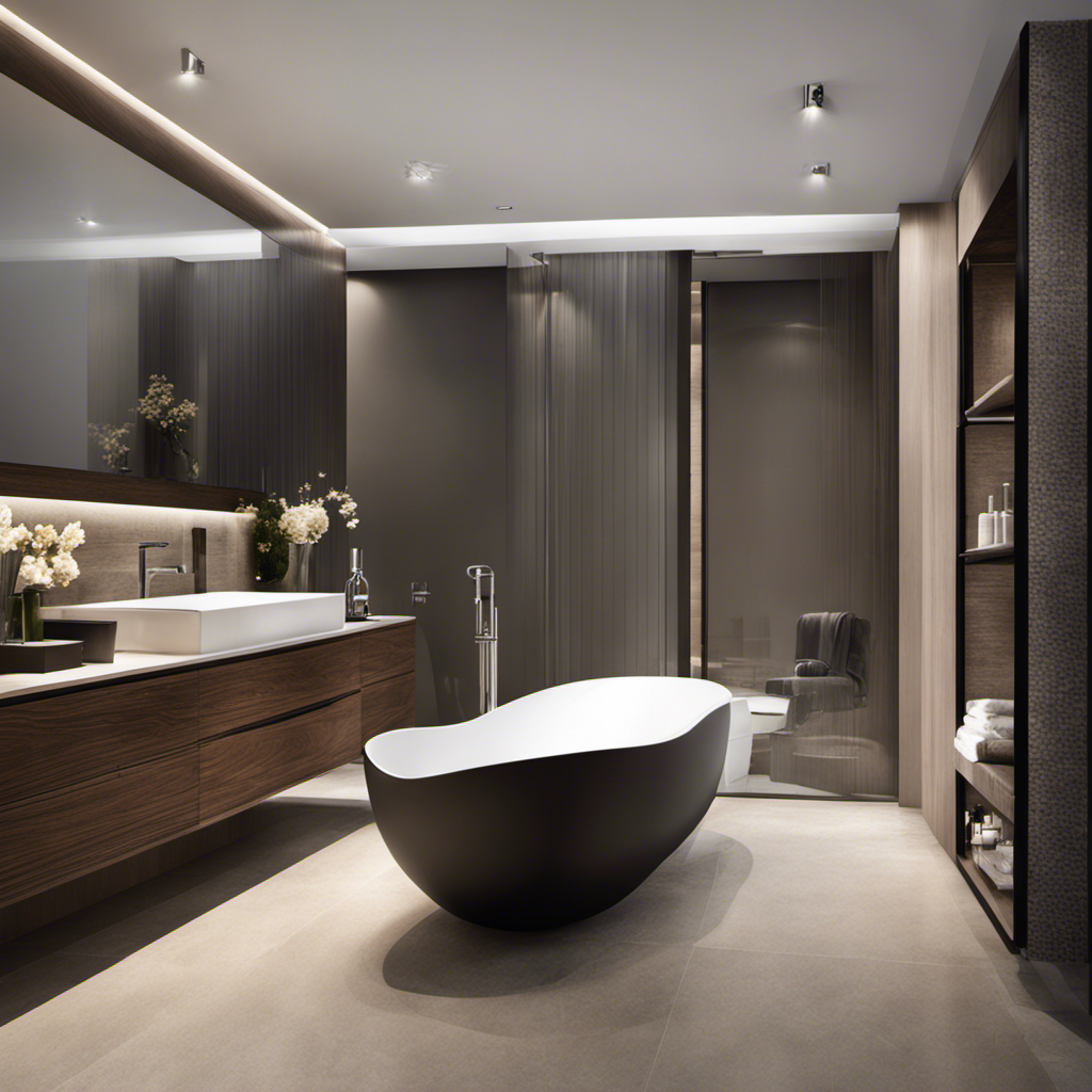 An image showcasing a spacious, modern bathroom with a sleek, freestanding bathtub