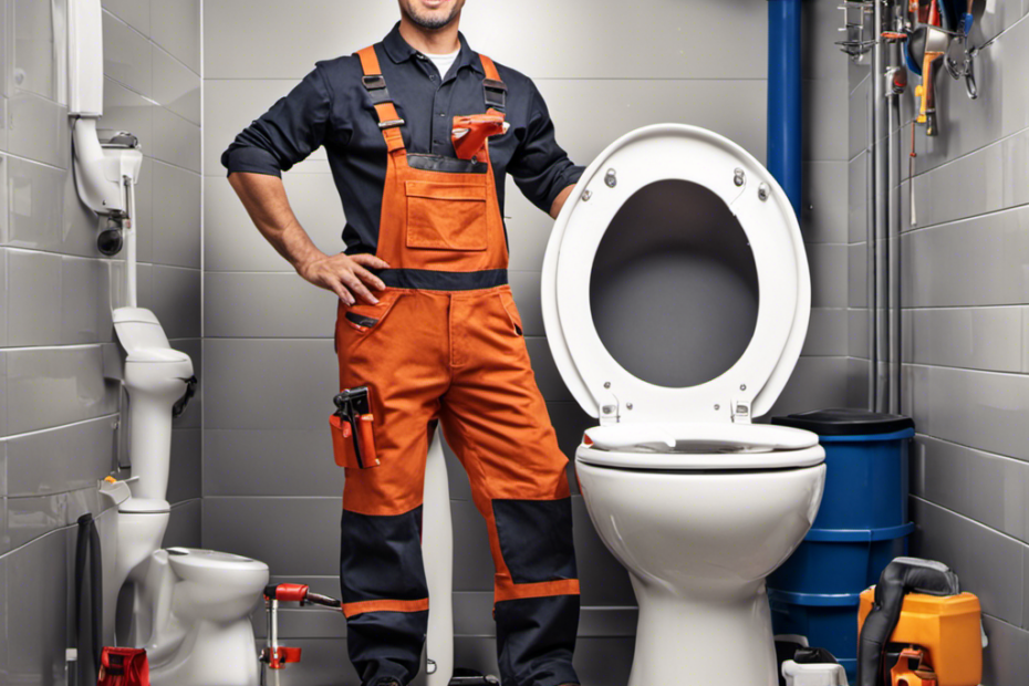 An image featuring a plumber standing beside a modern toilet, surrounded by various tools and replacement parts