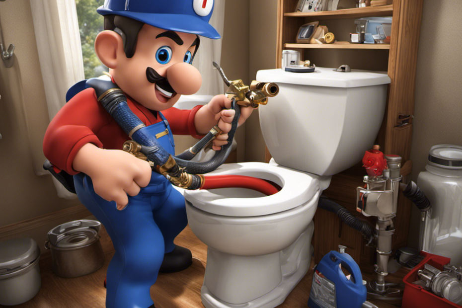 An image showcasing a professional plumber in action, using a specialized snake tool to clear a clogged toilet