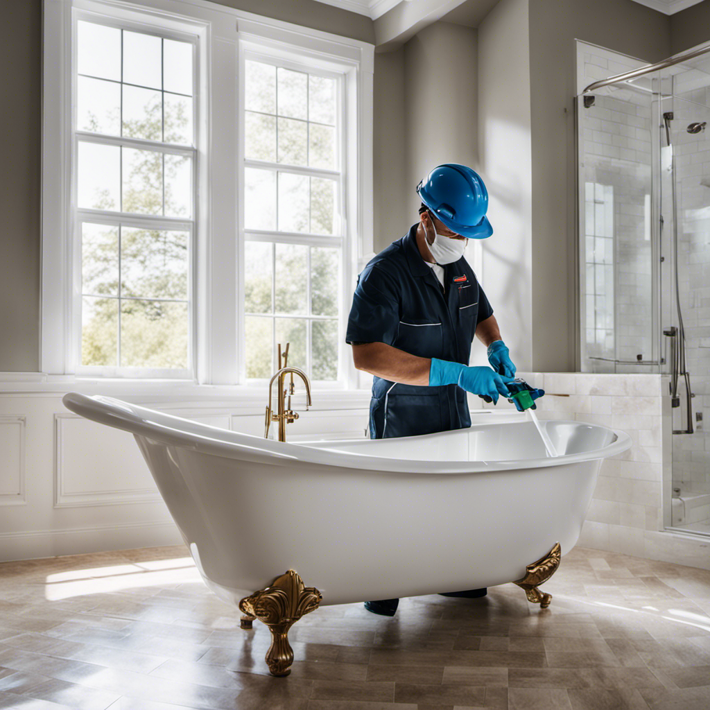 An image showcasing a professional technician wearing protective gear, expertly spraying a pristine white bathtub with a glossy finish