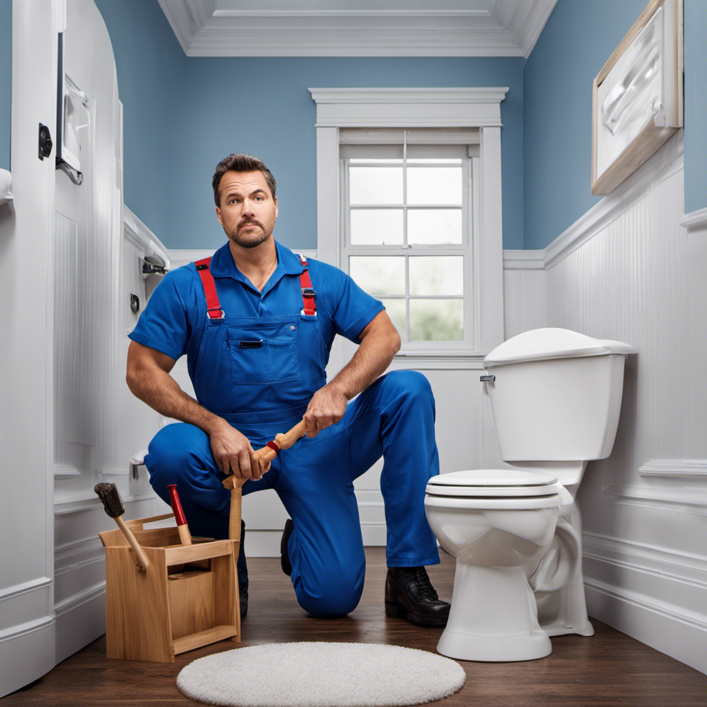 An image of a plumber in blue overalls, standing by a pristine white toilet with a plunger in hand