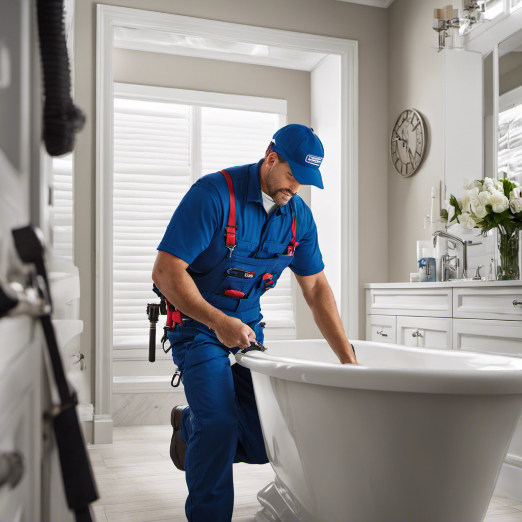 An image featuring a professional plumber from Lowe's wearing a uniform, skillfully installing a pristine white bathtub in a bathroom
