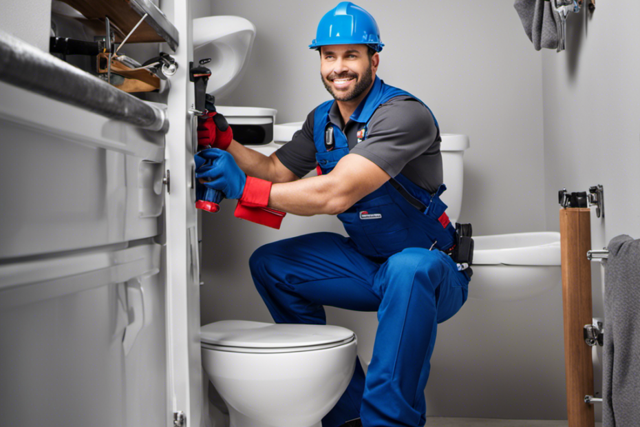 An image showcasing a professional plumber, equipped with tools, installing a toilet in a bathroom