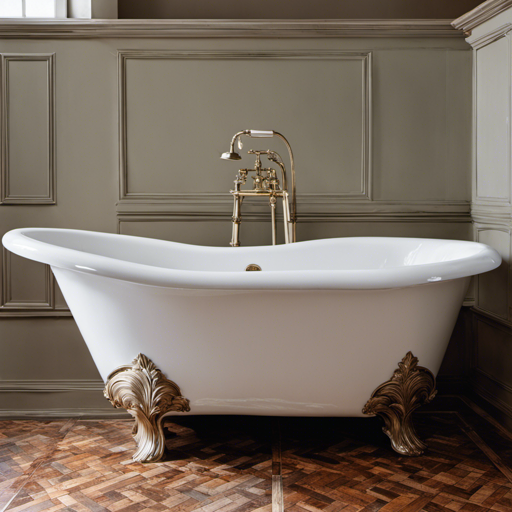 An image showcasing a porcelain bathtub in need of reglazing, with visible chips, stains, and discolorations