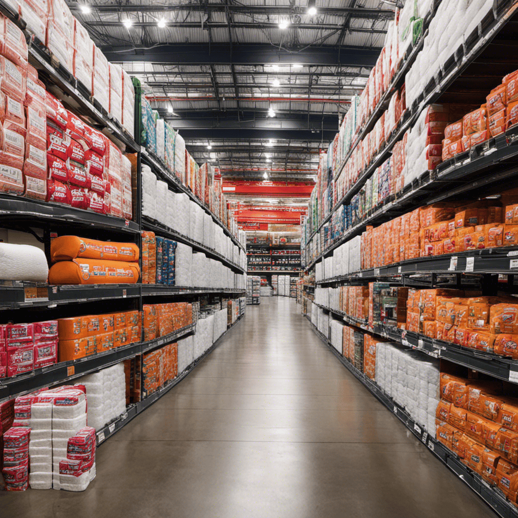 An image showcasing a well-stocked Costco aisle, neatly arranged with towering stacks of plush toilet paper packages in various sizes, displaying their prices clearly, ensuring potential customers are informed