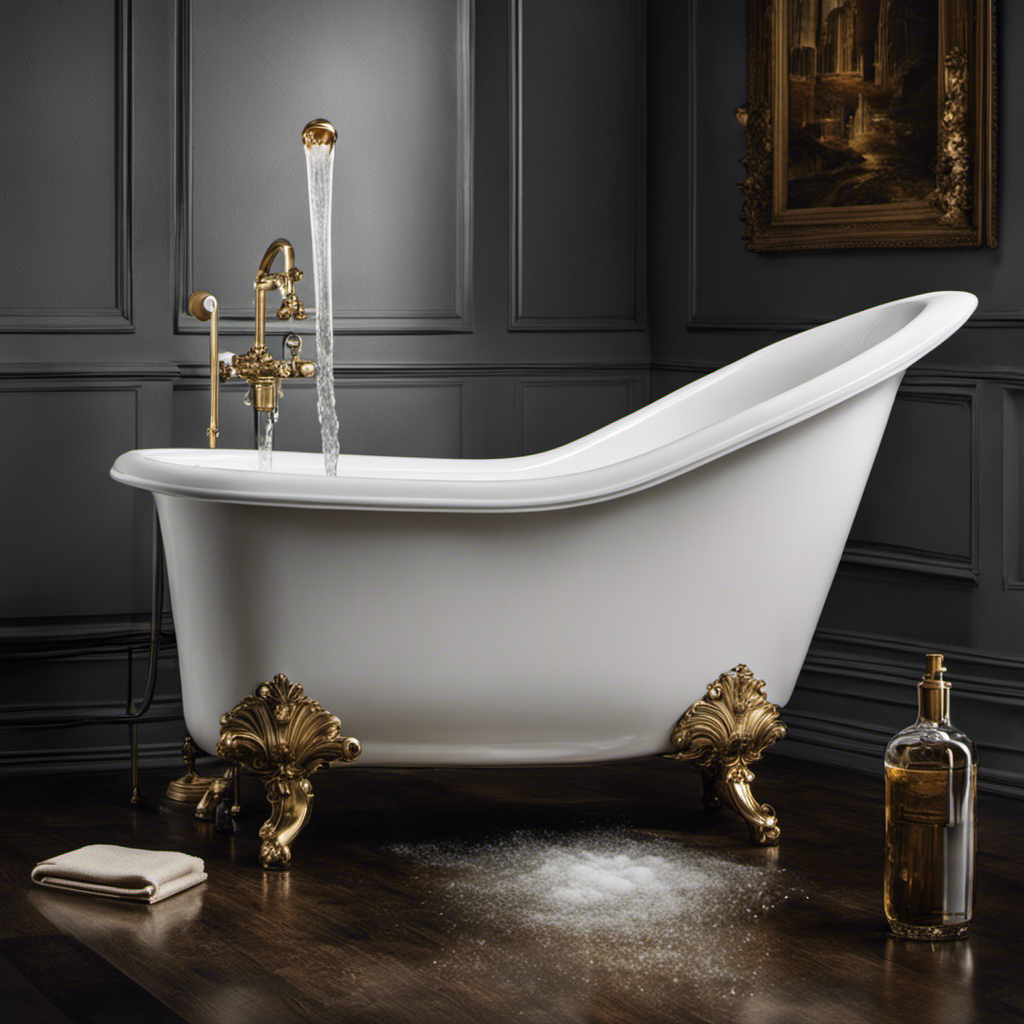 An image featuring a pristine white bathtub filled with murky water