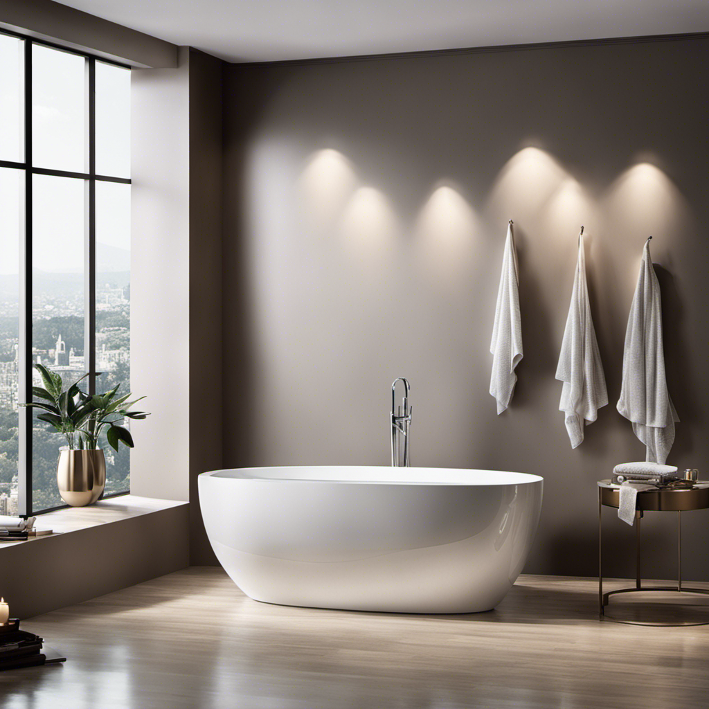 An image showcasing a luxurious, modern bathroom with a sleek, freestanding bathtub as the focal point