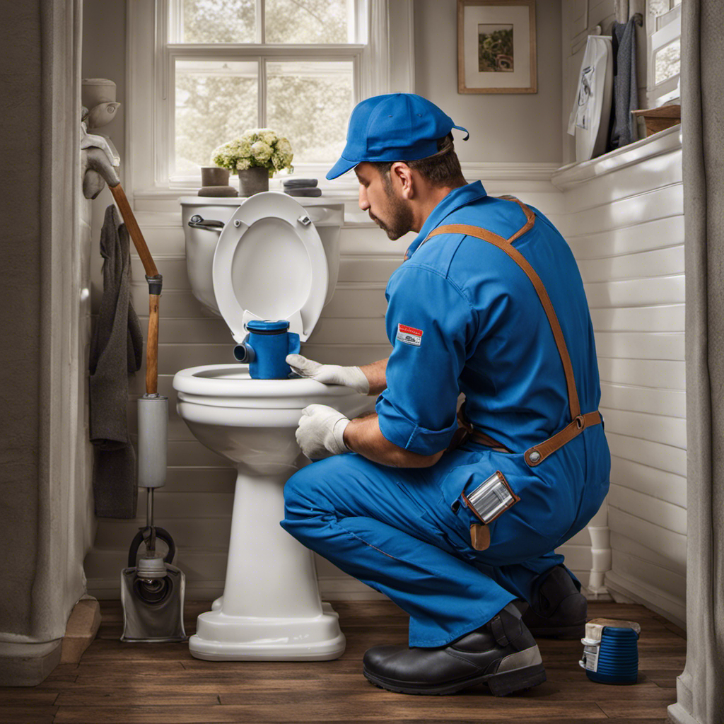 An image capturing a close-up view of a plumber in blue overalls, kneeling beside a pristine white toilet