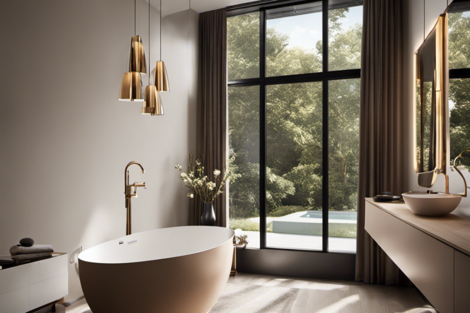 An image that showcases a spacious, contemporary bathroom with soft, muted tones