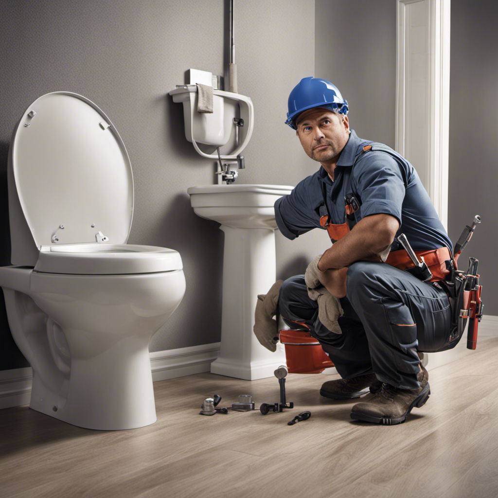 An image depicting a skilled plumber wearing a tool belt, kneeling beside a newly installed toilet