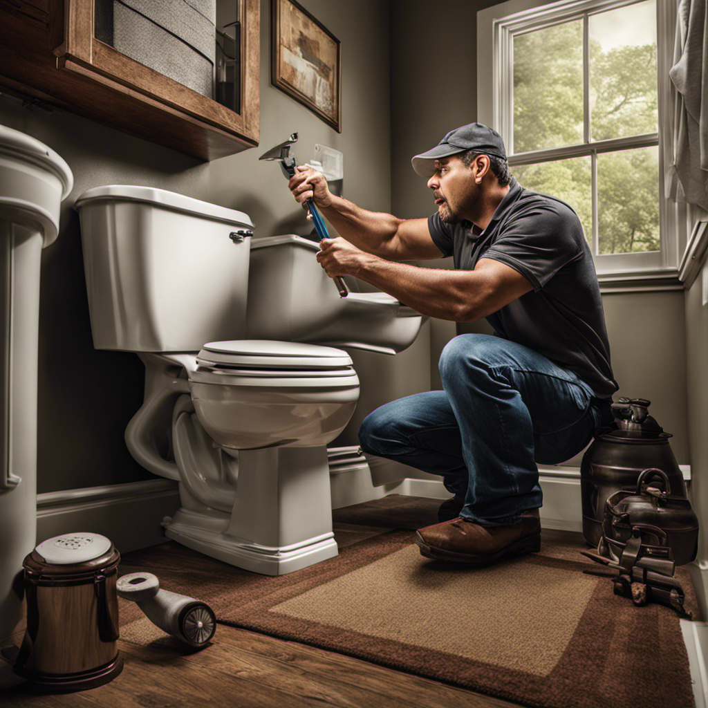 An image that showcases a frustrated homeowner pointing at a clogged toilet, while a professional plumber confidently holds a plunger and prepares to tackle the job