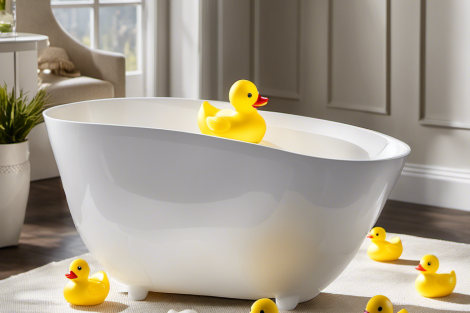An image that showcases a modern, sleek baby bathtub with a comfortable, contoured design, adorned with adorable rubber duckies, bath toys, and soft, fluffy towels, exuding a sense of luxury and tranquility