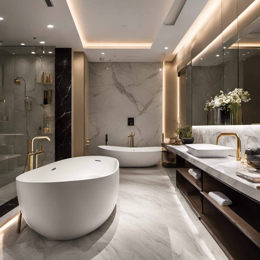 An image showcasing a modern, spacious bathroom with a sleek, freestanding bathtub as the focal point