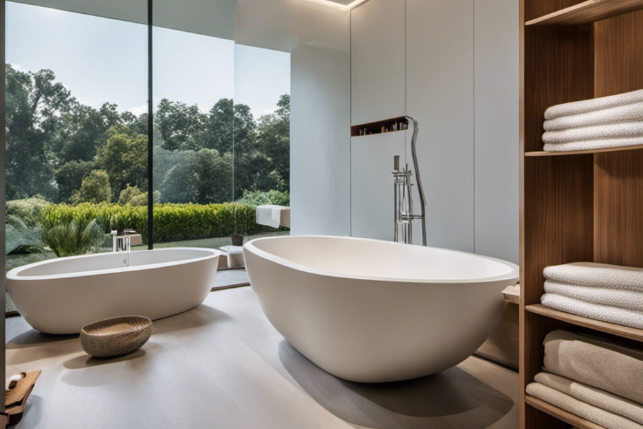 an image of a spacious bathroom with a sleek, modern bathtub sitting in the center, surrounded by neatly placed tools and materials