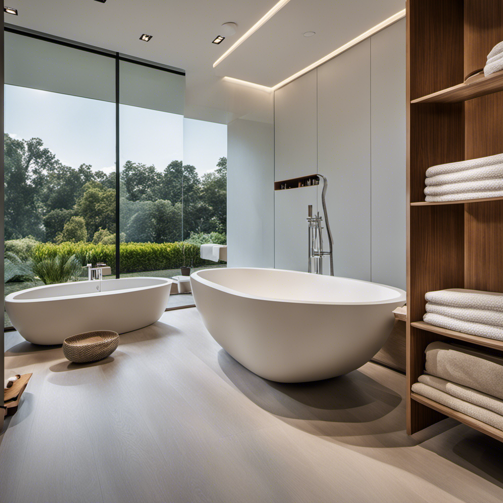 an image of a spacious bathroom with a sleek, modern bathtub sitting in the center, surrounded by neatly placed tools and materials