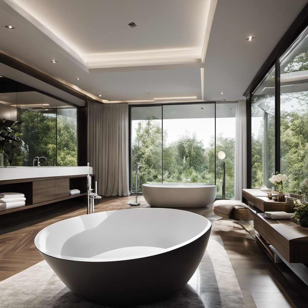 An image capturing a luxurious, modern bathroom with a sleek, freestanding bathtub as the focal point
