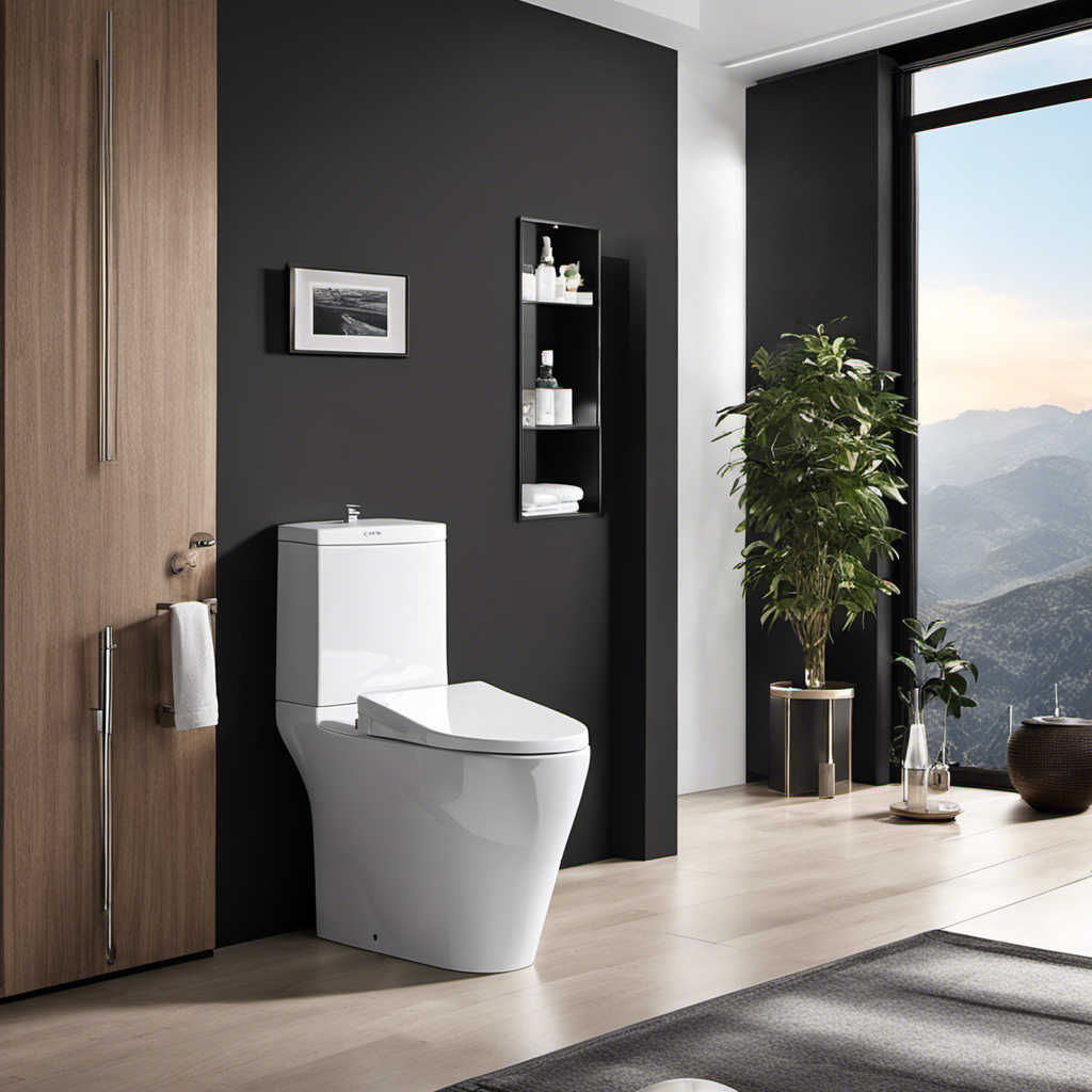 An image showcasing a modern bathroom with a sleek bidet toilet as the focal point