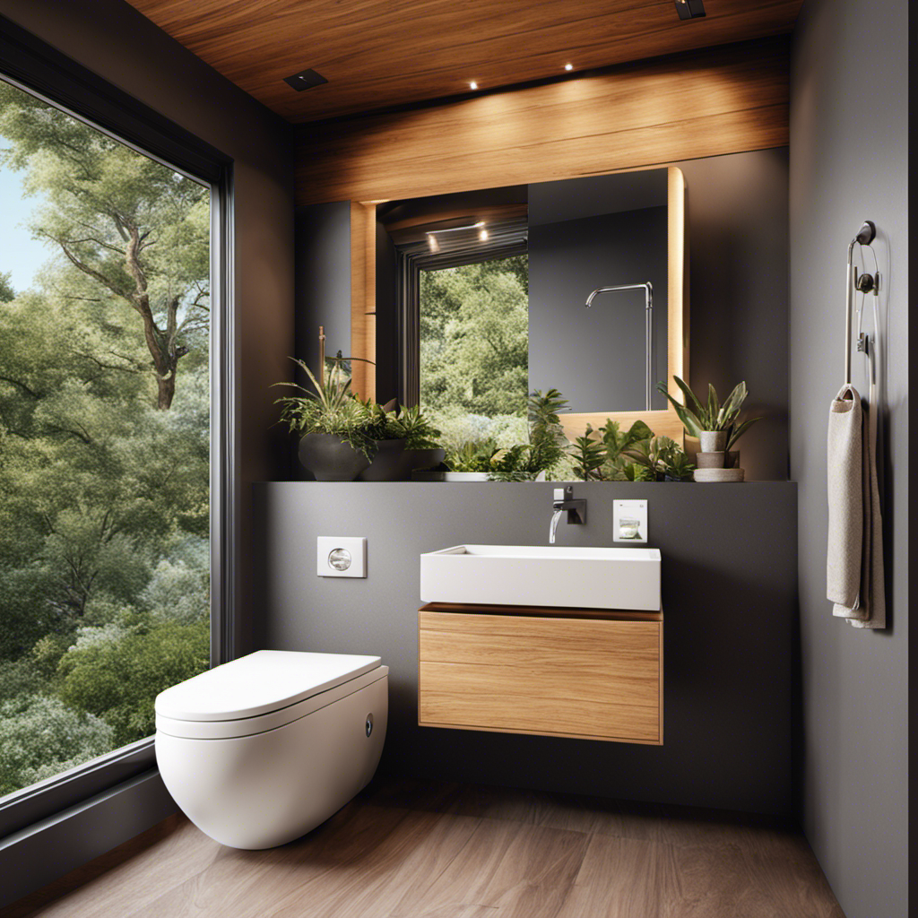 An image showcasing a modern composting toilet in a serene bathroom setting