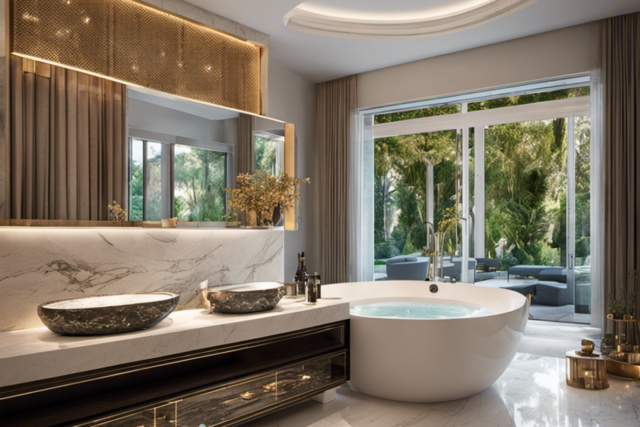An image depicting a luxurious bathroom with a spacious, sleek jacuzzi bathtub as the centerpiece