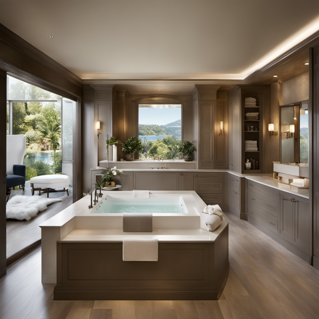 An image showcasing a luxurious bathroom setting, featuring a spacious and elegant Kohler walk-in bathtub surrounded by sleek tiles, gleaming fixtures, and soft ambient lighting, symbolizing the opulent comfort and relaxation it offers
