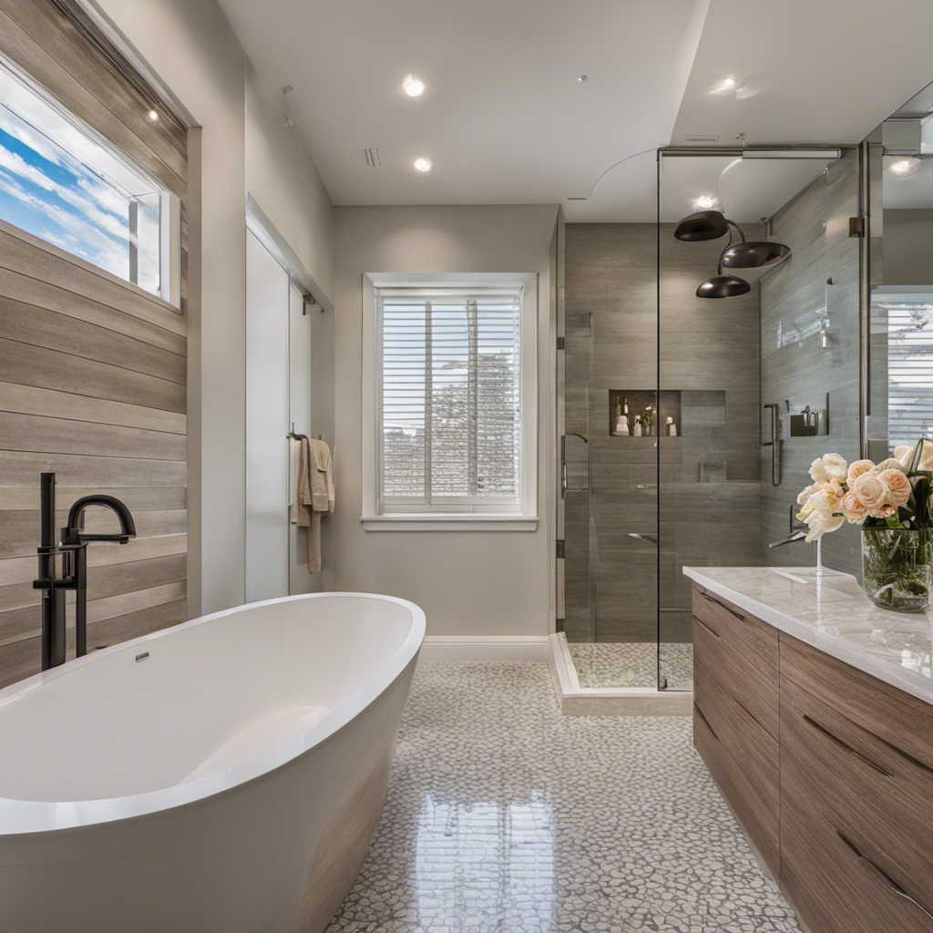 An image showcasing a spacious bathroom with a pristine white bathtub installed against a backdrop of elegant ceramic tiles
