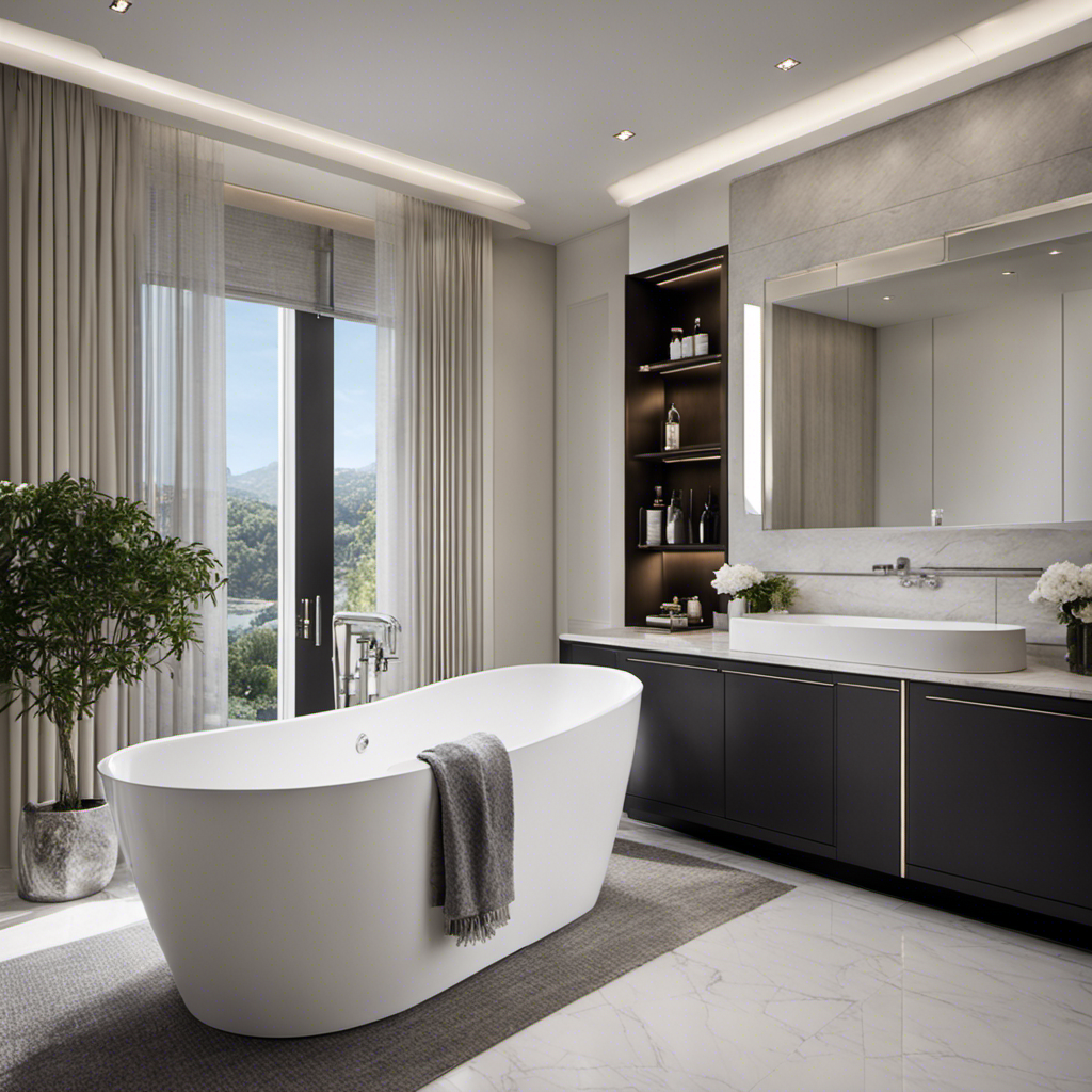 An image showcasing a luxurious, modern bathroom with a sleek, freestanding bathtub as the focal point