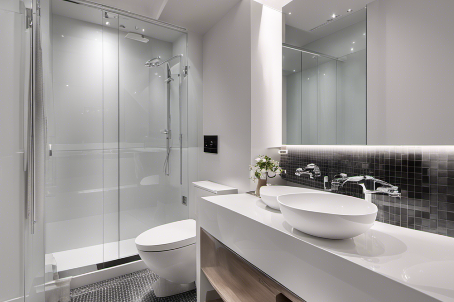 An image showcasing a pristine, modern bathroom with a sleek, white porcelain toilet as the focal point