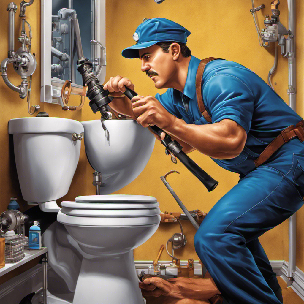 An image showcasing a plumber in action, wielding a specialized tool to unclog a toilet