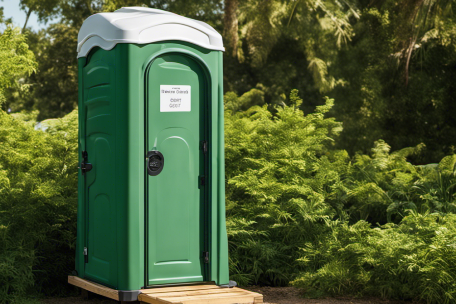 An image of a portable toilet placed in a green outdoor setting, with clear pricing displayed on a sign next to it